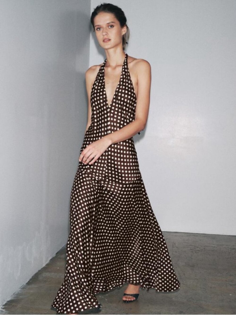 Zara Viral Brown Polka Dot Halter Maxi Dress XS